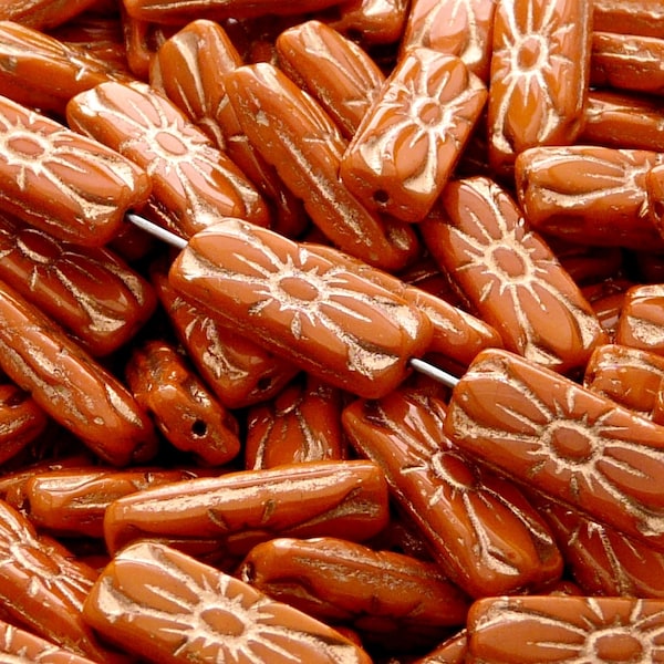 8pcs Czech Pressed Glass Rectangular Beads with Floral Motif 20x8mm Opaque Orange Bronze Fired Color (A 06-15)