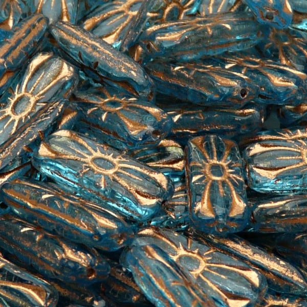 8pcs Czech Pressed Glass Rectangular Beads with Floral Motif 20x8mm Aquamarine Bronze Fired Color (A 02-03)