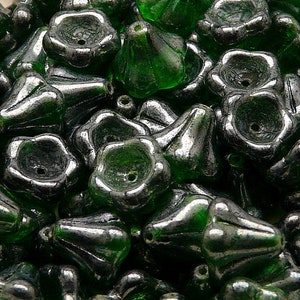 10pcs Czech Glass Pressed Bell Flower Beads 11x13 mm Chrysolite White Luster (B 04-08)