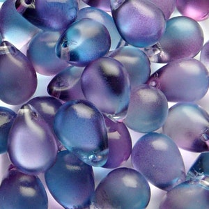10 perle di vetro pressato ceco a forma di goccia, 10 x 14 mm, cristallo, blu acqua, viola, rivestimento lucido bicolore (48002)