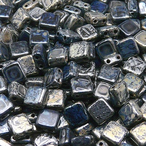 40pcs Two Hole Pressed CzechMates Glass Tile Beads 6mm Jet Picasso