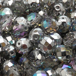10 Stück Böhmische feuerpolierte facettierte Glasperlen rund 10mm Kristall Silber Regenbogen Vakuumbeschichtung