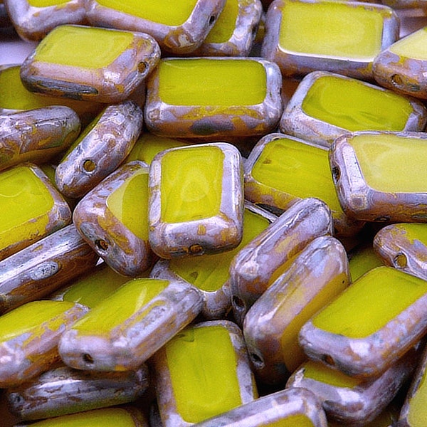 10pcs Czech Glass Table Cut Beads Rectangle 12x8mm  Yellow Opal Travertine