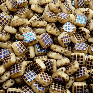 40pcs Two Hole Pressed CzechMates Glass Tile Beads 6mm Opaque Beige Azuro Grille