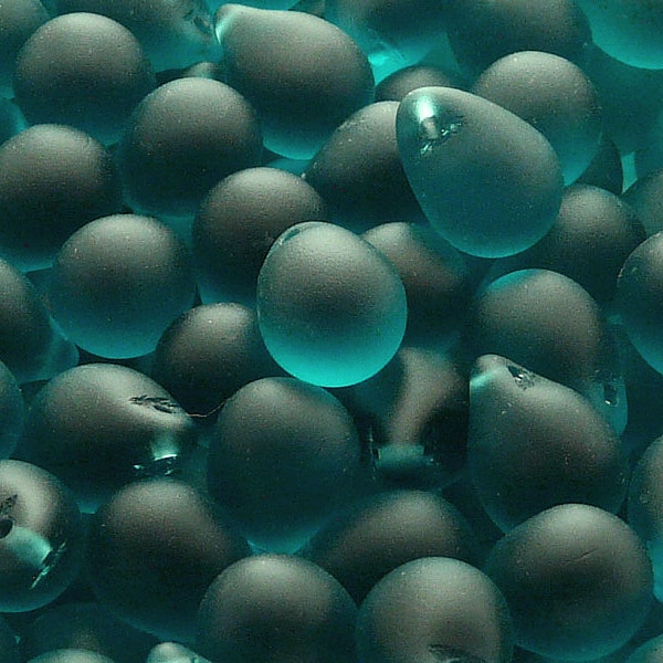 10pcs Czech Pressed Glass Teardrop Beads 10x14mm Green Aquamarine Matte
