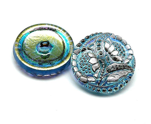1pc Czech Hand Made Art Glass Button Sunflowers Round 27mm Aquamarine AB Platinum Sunflowers (BUT032-IG776PTAB)