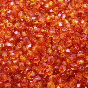 100 pezzi perle di vetro sfaccettato ceco lucidato a fuoco rotonde 4 mm cristallo rosso arancione bicolore rivestimento lucido (48009)