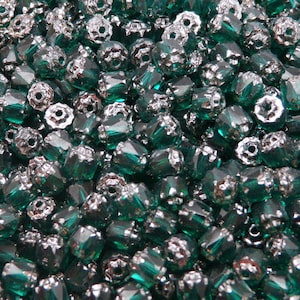 50pcs Czech Fire-Polished Faceted Glass Cathedral Bols Beads Round 5mm Emerald Platinum