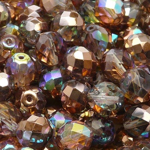 10 Stück Böhmische feuerpolierte facettierte Glasperlen rund 10mm Kristall Kupfer Regenbogen Vakuumbeschichtung