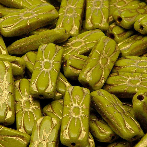 8pcs Czech Pressed Glass Rectangular Beads with Floral Motif 20x8mm Opaque Olivine Golden Fired Color (A 05-19)