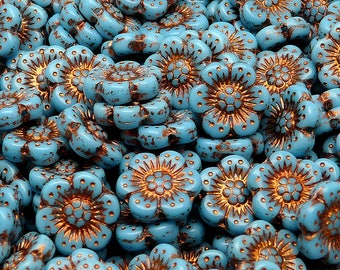 8pcs Czech Pressed Glass Flower Beads 14mm Opaque Turquoise Blue with Bronze Fired Color