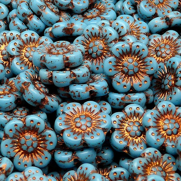 8Stk Böhmischen Pressglas Blumenperlen 14mm Opak Türkis Blau mit bronze gebrannter Farbe