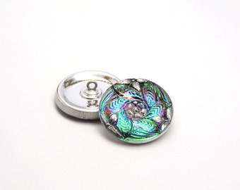 1pc Czech Hand Made Art Glass Button Round 27mm Crystal Silver Floral Ornament Green Purple Vitrail (BUT051-F1265))