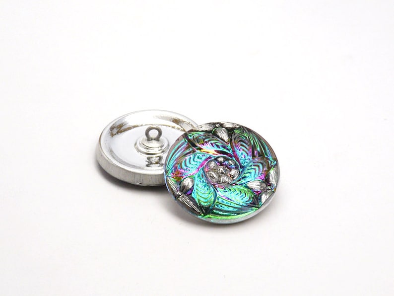 1pc Czech Hand Made Art Glass Button Round 27mm Crystal Silver Floral Ornament Green Purple Vitrail BUT051-F1265 image 1