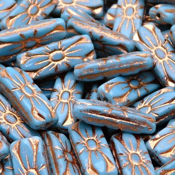 8pcs Czech Pressed Glass Rectangular Beads with Floral Motif 20x8mm Opaque Turquoise Blue Bronze Fired Color (A 05-23)