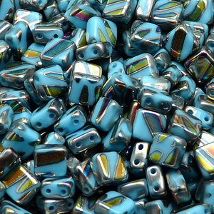 40pz Perline Di Vetro Pressato CzechMates A Due Fori Per Piastrelle Di Vetro 6mm Opaco Turchese Blu Vitail Zebra