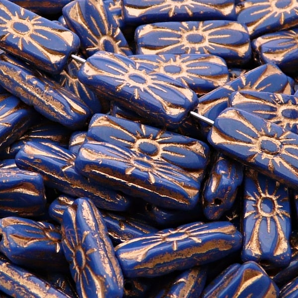8pcs Czech Pressed Glass Rectangular Beads with Floral Motif 20x8mm Opaque Blue Bronze Fired Color (A 06-12)