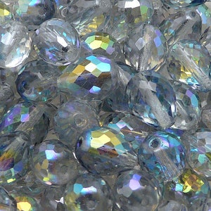 6pcs Czech Fire-Polished Faceted Glass Pear Shape (Teardrop) Beads 13x10mm Crystal Blue Rainbow Vacuum Coating