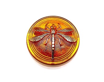 1pc Czech Hand Made Art Glass Button Cabochon Dragonfly Round  31,5mm Topaz AB (CAB012-15070gold)