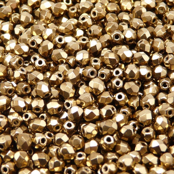 100pcs Czech Fire-Polished Faceted Glass Beads Round 4mm Jet Gold Bronze