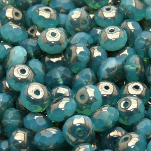 20pcs Czech Fire-Polished Faceted Glass Rondelle Beads 9mm Green Aqua Opal Matte Platinum Luster