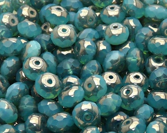 20pcs Czech Fire-Polished Faceted Glass Rondelle Beads 9mm Green Aqua Opal Matte Platinum Luster