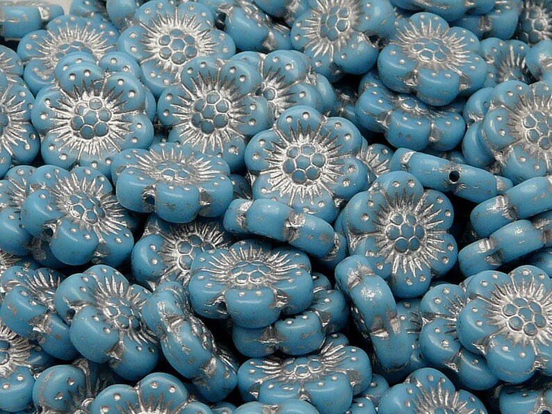 8pcs Czech Pressed Glass Flower Beads 14mm Opaque Turquoise Etsy