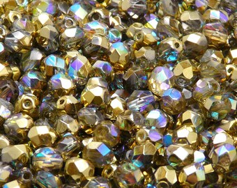 50 stuks Tsjechische vuurgepolijste gefacetteerde glaskralen rond 6 mm kristal gouden regenboog