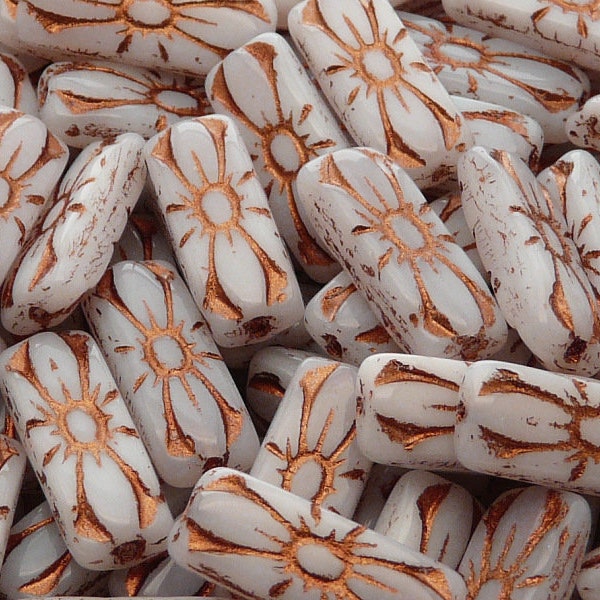 8pcs Czech Pressed Glass Rectangular Beads with Floral Motif 20x8mm Alabaster Bronze Fired Color (A 02-14)