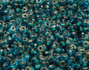 50pcs Czech Fire-Polished Faceted Glass Beads Rondelle 5x3mm Aquamarine Travertine