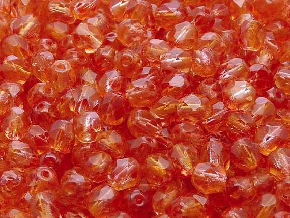 Red Orange Round Faceted Glass 6 MM