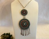 Vintage Zuni Sunface Sterling Silver Huge Necklace - Needlepoint Cluster Design of Turquoise, Coral, and Inlay Sunface. Benji Tzuni Jr