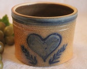 Guernsey Ohio Salt of Thee Earth Stoneware Small Crock - Blue Hand Painted Folk Art Heart Design, Excellent Condition, Artist Signed