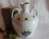 Beautiful MM Portugal Redware Double Handled Water Jug or Vessel Glazed White with Hand Painted Blue Flowers