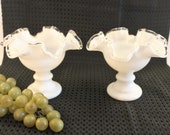 Set of 2 Fenton White Milk Glass Silver Crest Taper Candle Bowl Holders - Excellent Condition