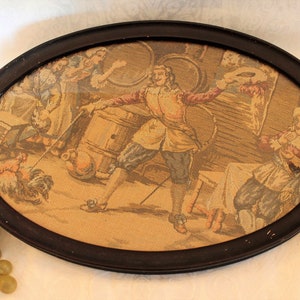 Antique 19&quot; Glass Top Oval Serving Tray with Wood Frame and Fabric Tapestry Scene