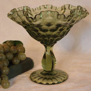 Vintage Fenton Glass Large Pedestal Candy Dish - Colonial Green, Thumbprint, in Excellent Condition