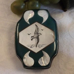 Hand Crafted Teal Enamel Belt Buckle - Mother of Pearl with Seagull Bird Design, Made in Philippines, Excellent Condition