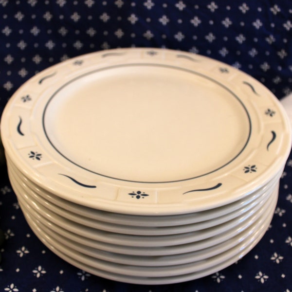 Set of 8 Longaberger Pottery Woven Traditions 10" Dinner Plates - Factory Seconds, Heritage Blue, Made in the U.S.A., Never Used!