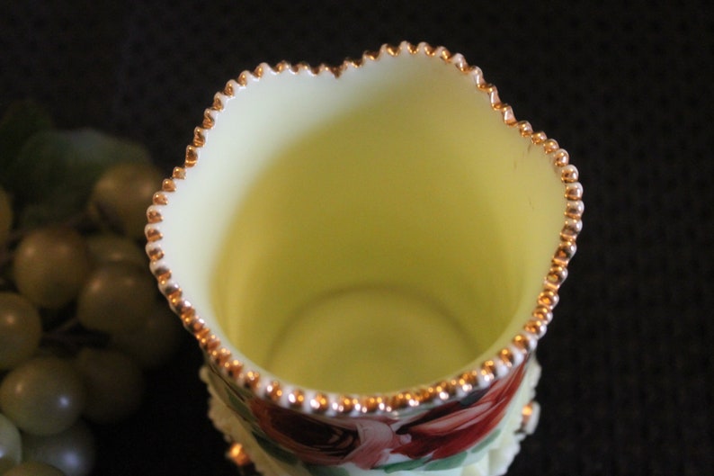 AKA Diamond /& Peg Star Pattern EAPG Antique Jefferson Custard Glass Spooner Vase with Hand Painted Roses and Mother 1917