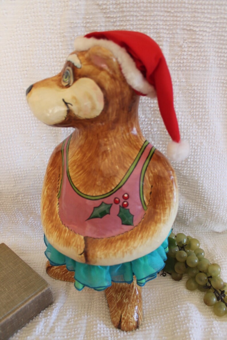 Silvestri Celebrations Audrey Heffner Paper Mache Dog Statue with Santa Claus Hat and Turquoise TuTu