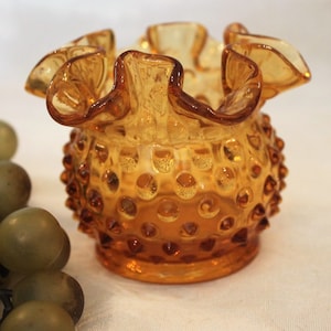 Fenton Art Glass Amber Hobnail Ruffled 3&quot; Rose Bowl in Excellent Condition