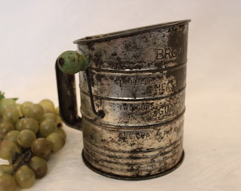 Vintage Bromwell's Measuring Sifter - Unfinished Metal with Green Painted Wood Knob - Farmhouse Style