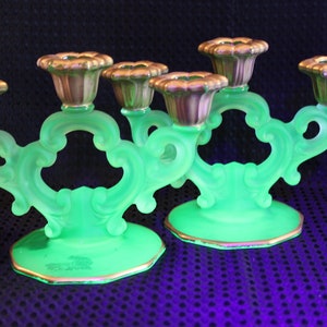 Rare Cambridge Satin Uranium Glass Keyhole 2 Light Candle Holders with Gold Trim - Set of 2
