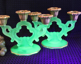 Rare Cambridge Satin Uranium Glass Keyhole 2 Light Candle Holders with Gold Trim - Set of 2
