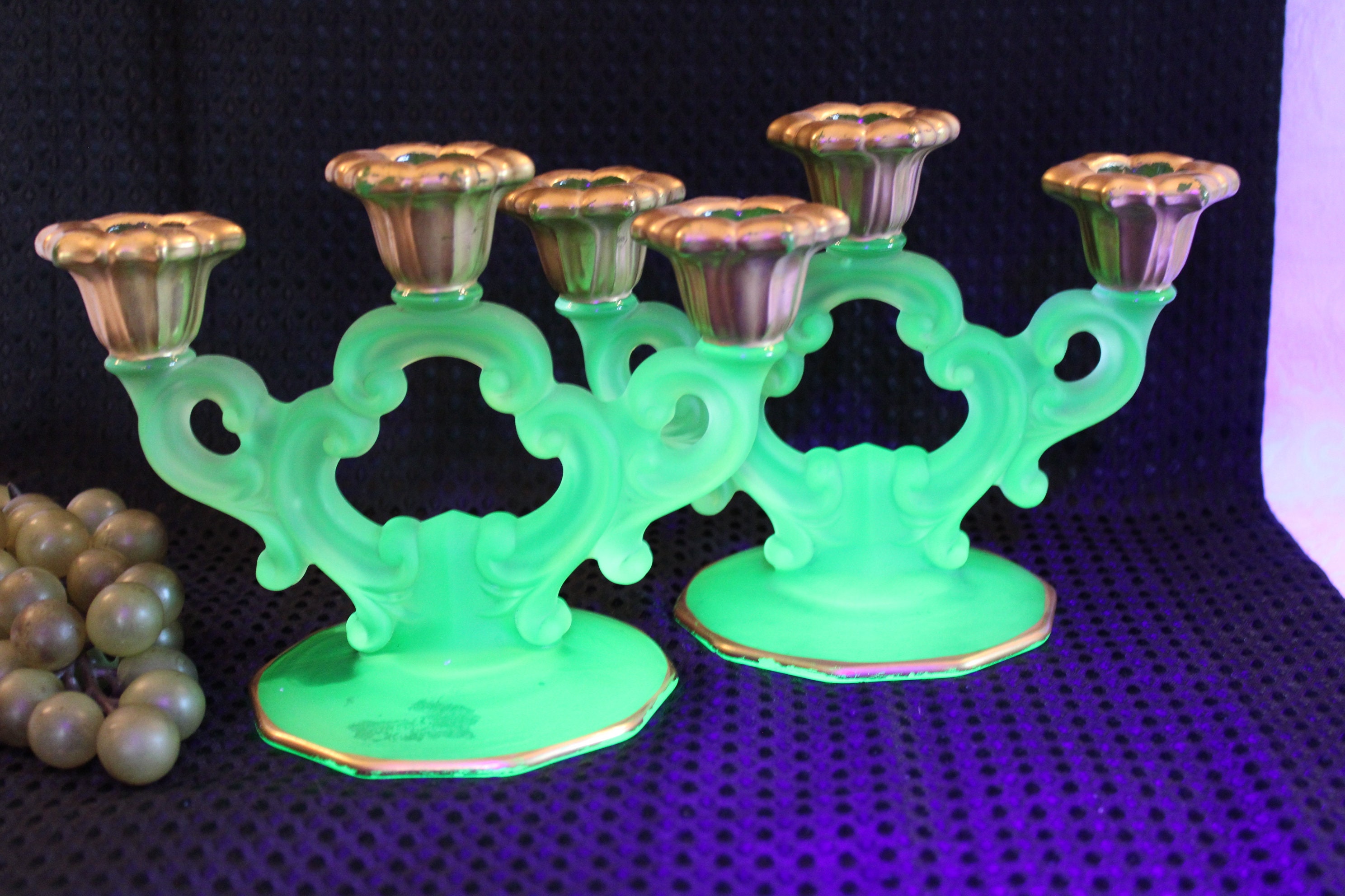 Rare Cambridge Satin Uranium Glass Keyhole 2 Light Candle Holders