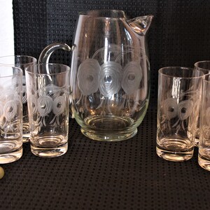 Gorgeous Cut Glass Pitcher Set with 6 Tumblers - Clear Glass, Handcrafted Gray Cut Floral, Excellent Condition