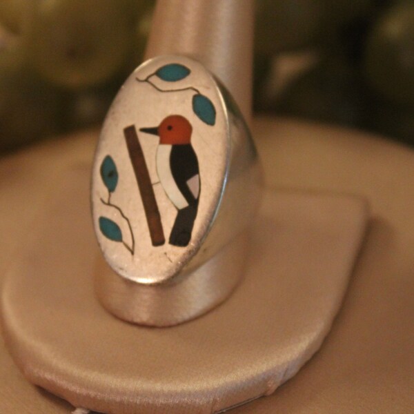 Size 10.5 Vintage Sterling Silver Men's Ring with Inlaid Woodpecker Design of Multicolor Gem Stones- Native American Jewelry