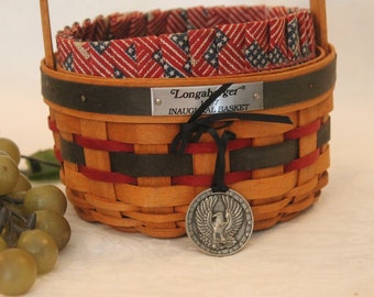 1997 Longaberger Inaugural Round Basket Combo with Patriotic Fabric Liner, Plastic Protector, and Pewter Tie-On - Red and Blue Stripes
