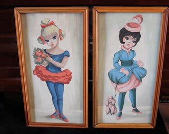 Set of 2 Vintage Framed Paint by Number 1960's Big-Eyed Girls - Lady with Poodle and Ballerina, 11" by 21"